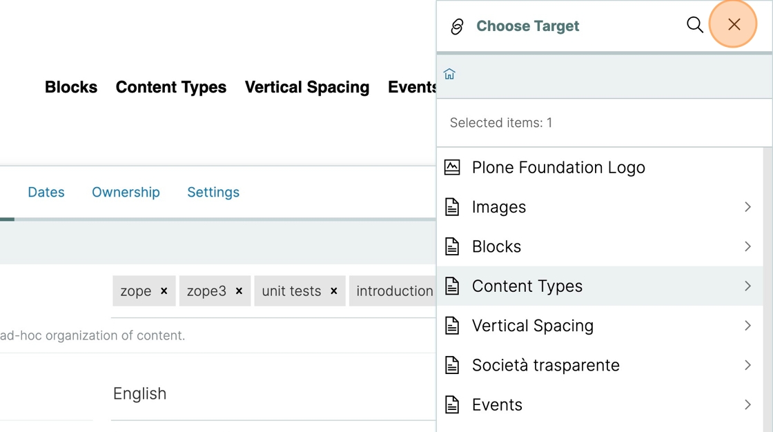 Close the related item chooser panel