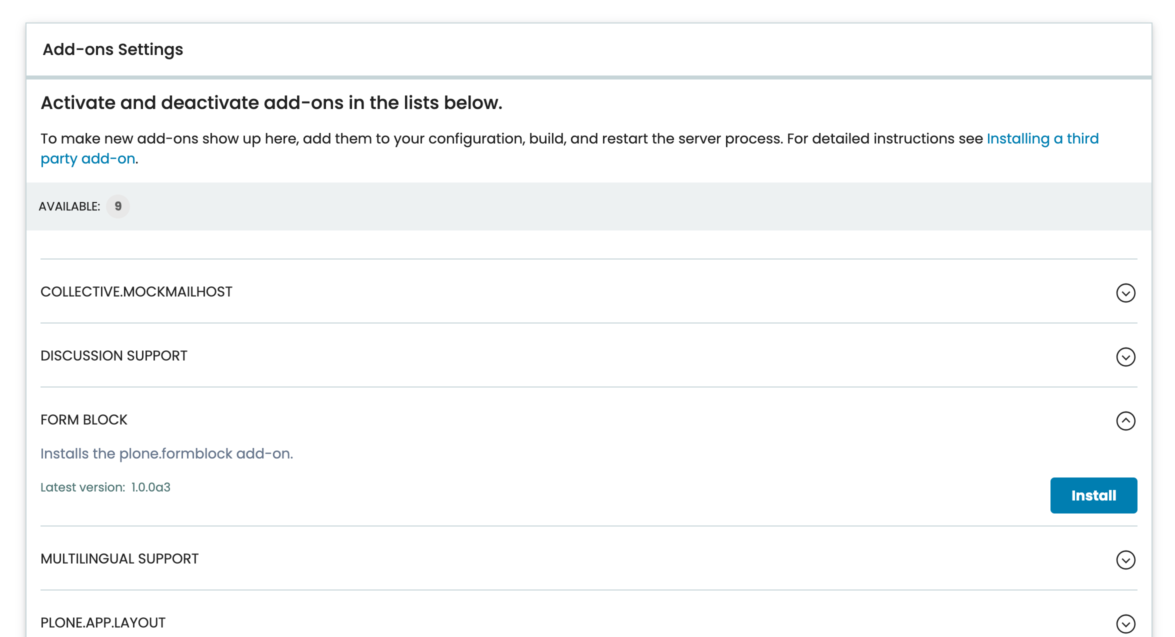 Plone `Add-ons` control panel, showing available configuration options