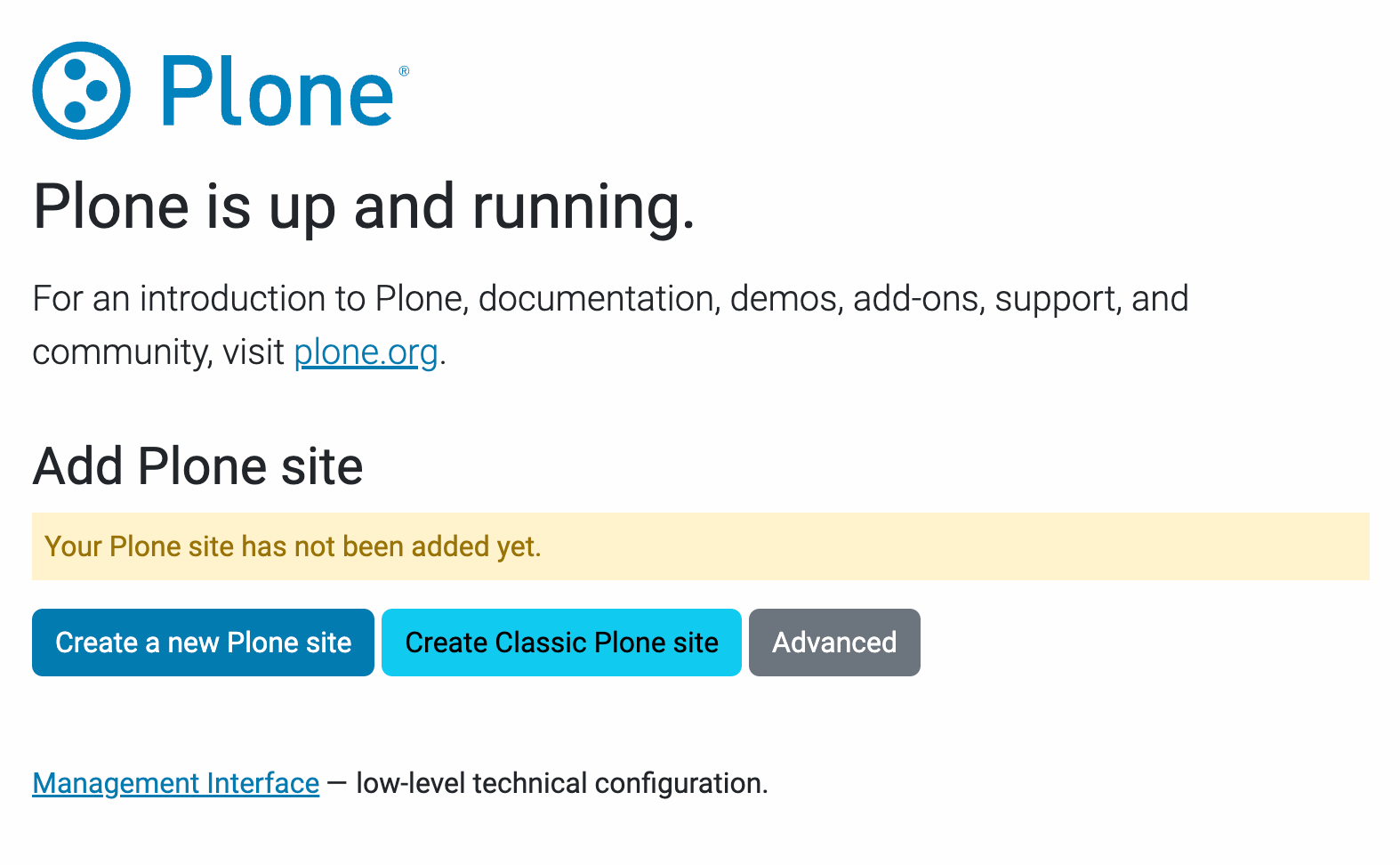 Zope instance is up and running, ready to create a Plone instance.